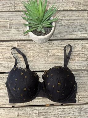 Victoria's Secret Gold & Black Lace-Trim Underwire Bra, Sz 36DD
